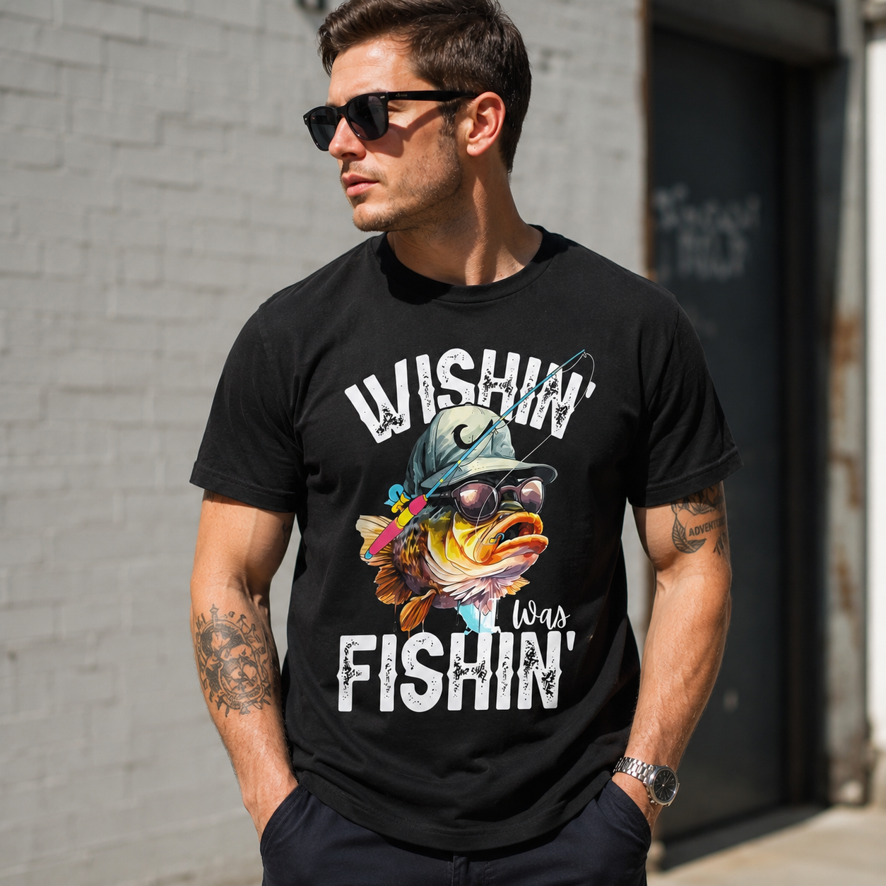Wishin' I Was Fishin' Bass Graphic Tee – Retro Fisherman Humor Shirt