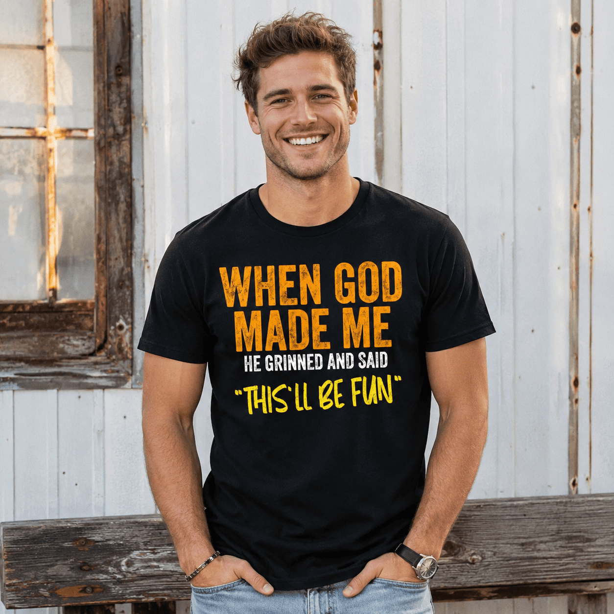 When God Made Me This’ll Be Fun Funny Christian T-Shirt Graphic Tee