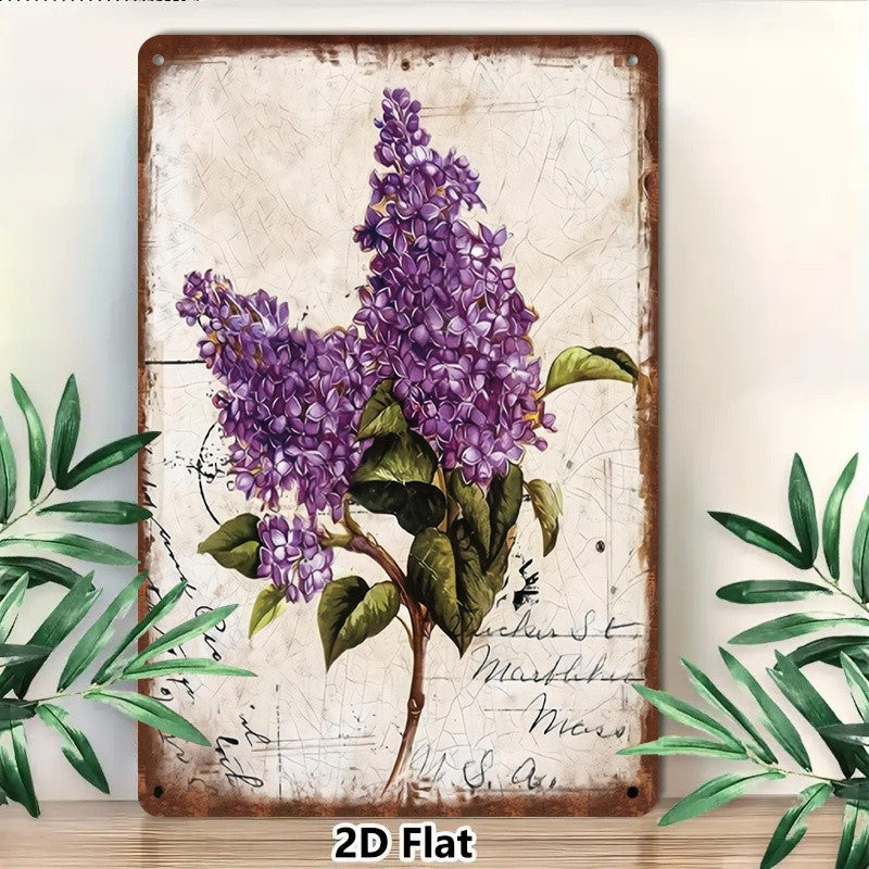 Rustic Floral Tin Sign - Purple Lilac Flower Metal Poster Wall Art Decor