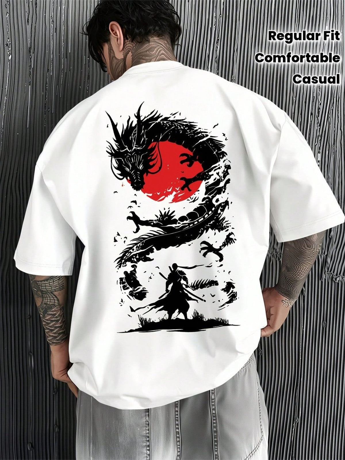 Japanese Dragon Samurai Graphic T-Shirt Red Sun Warrior Streetwear Tee