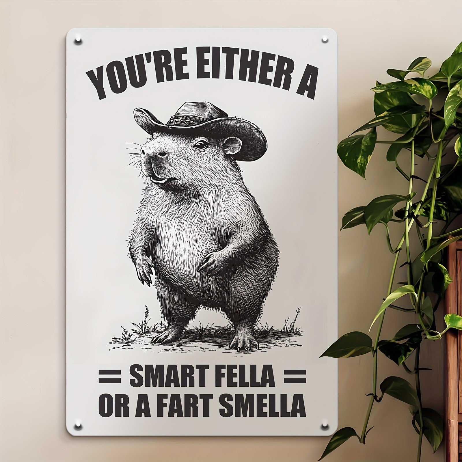 Funny Metal Tin Sign Wall Art Cowboy Capybara - 'Smart Fella Or A Fart Smella'