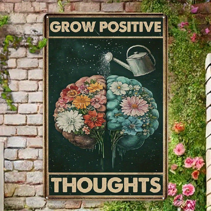 Grow Positive Thoughts Tin Sign Vintage Metal Brain Floral Garden Wall Decor