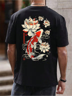 Men'S Casual Short-Sleeve T-Shirt Featuring a Koi Fish And Lotus Flower Print