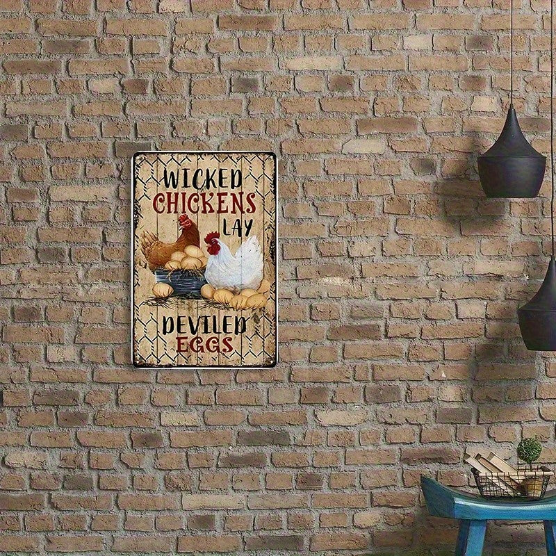 Funny Chicken Metal Sign - "Wicked Chickens" Deviled Eggs Tin Wall Decor