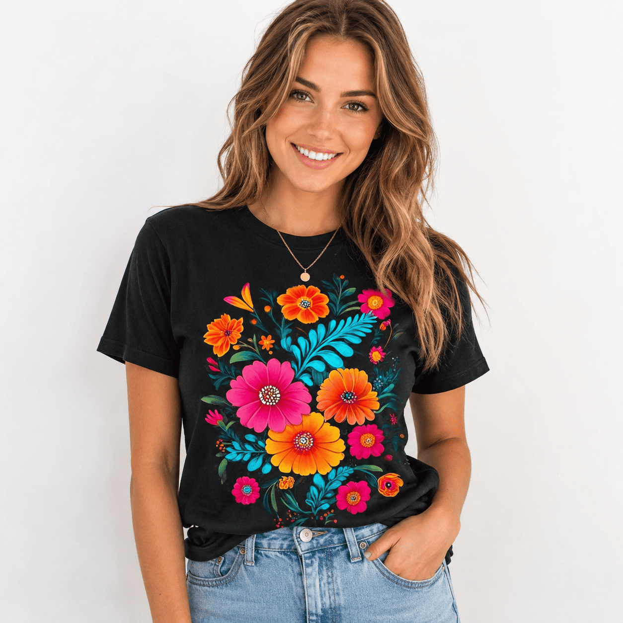 Women Mexican Floral Print T-Shirt Turquoise Hibiscus Casual Summer Crew Neck
