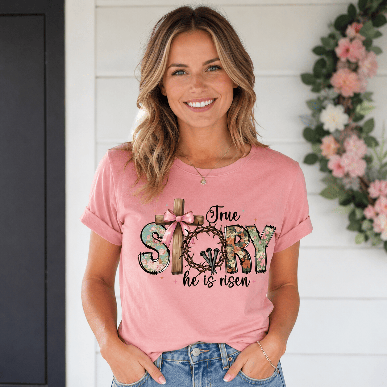 Women's He Is Risen True Story Easter Graphic T-Shirt Christian Casual Tee