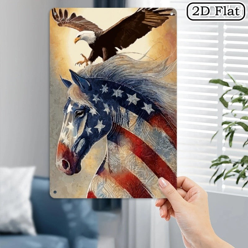 Patriotic Horse & Eagle Metal Sign - American Flag Tin Wall Art Decor