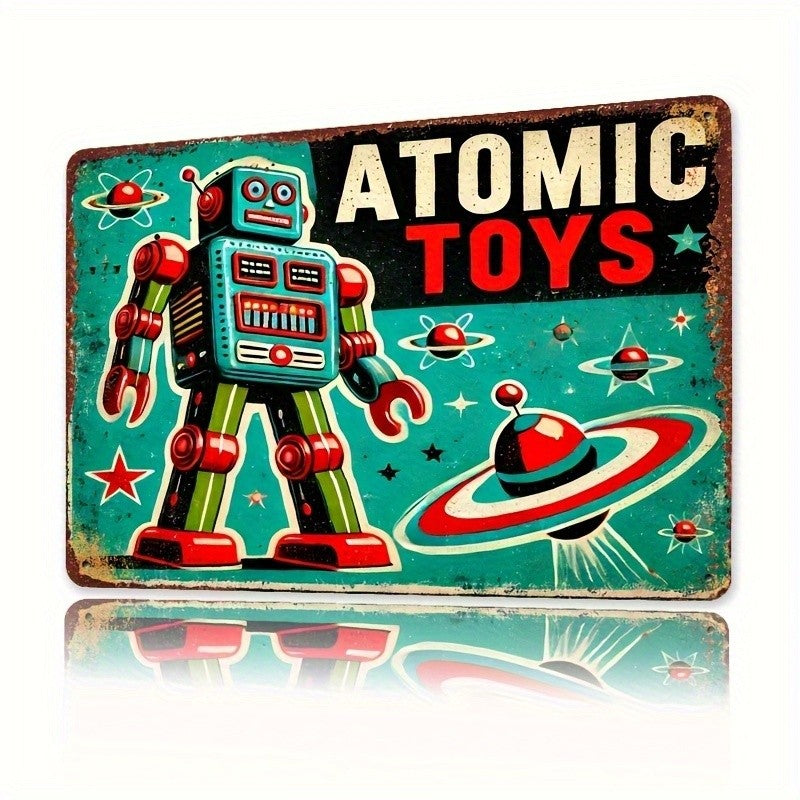 Space Age Tin Sign - Vintage Robot and Flying Saucer Metal Wall Art Decor