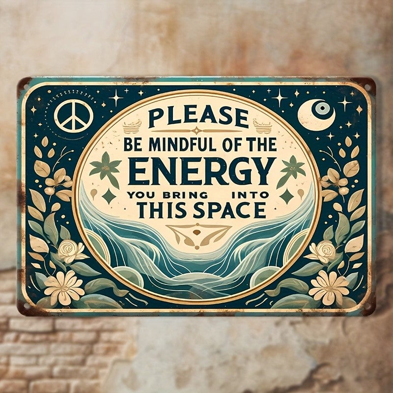 Mindful Of The Energy Tin Sign Celestial Metal Wall Art Yoga Studio Room Decor