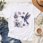 Hummingbird Floral Graphic Women’s T-Shirt Purple Flower Bird Nature Casual Tee