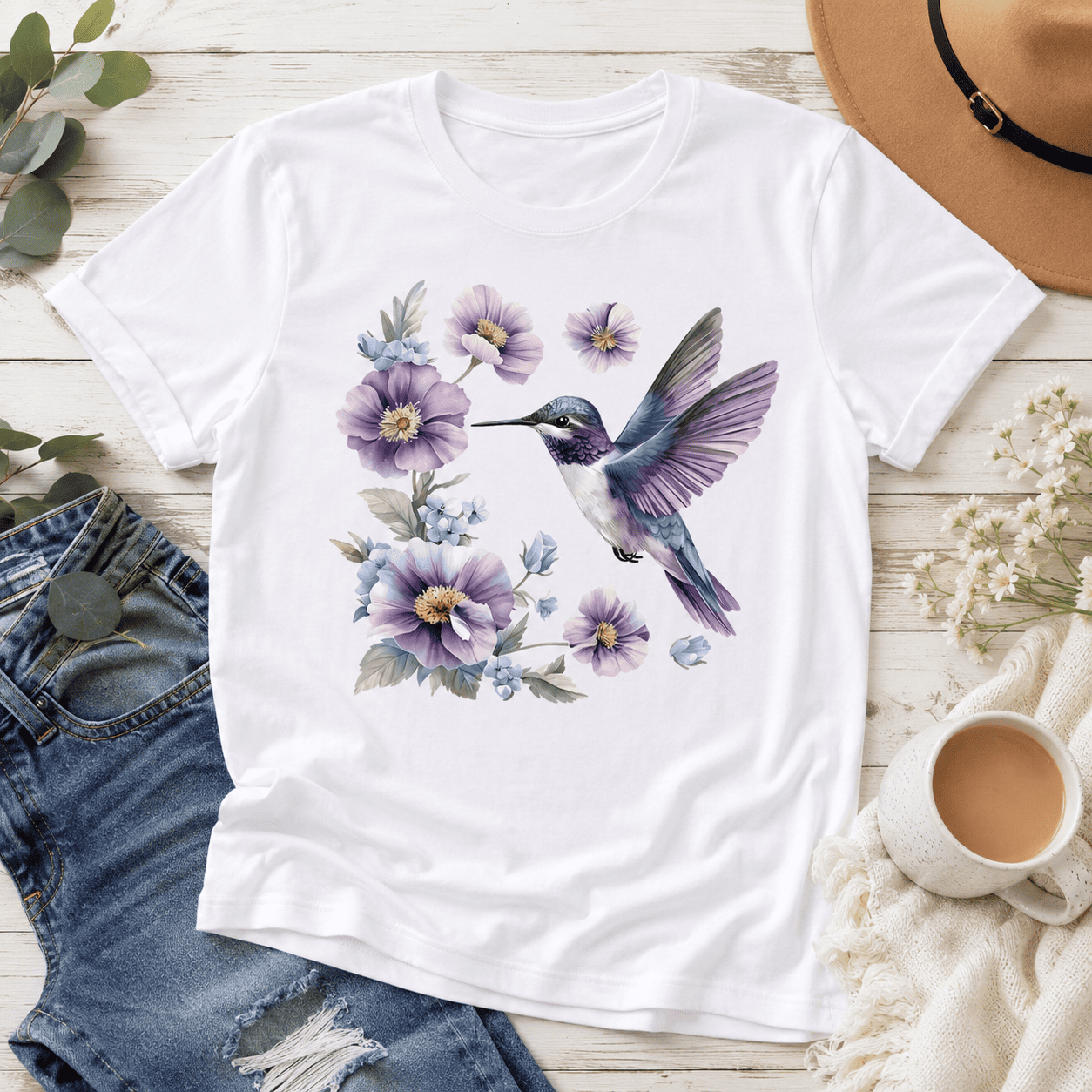 Hummingbird Floral Graphic Women’s T-Shirt Purple Flower Bird Nature Casual Tee