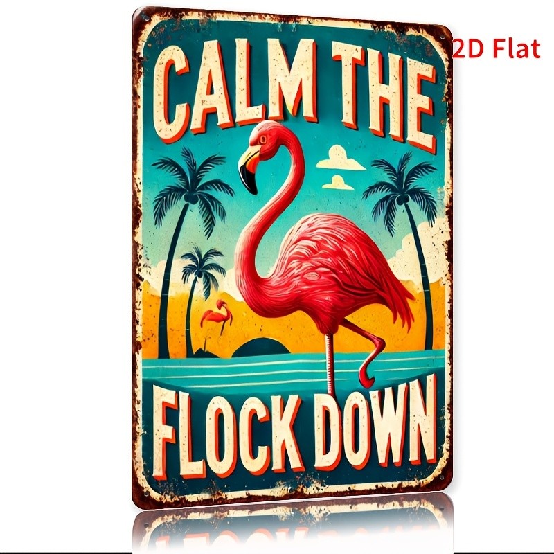 "Calm The Flock Down" Metal Sign - Funny Flamingo Tin Wall Art Decor Plaque