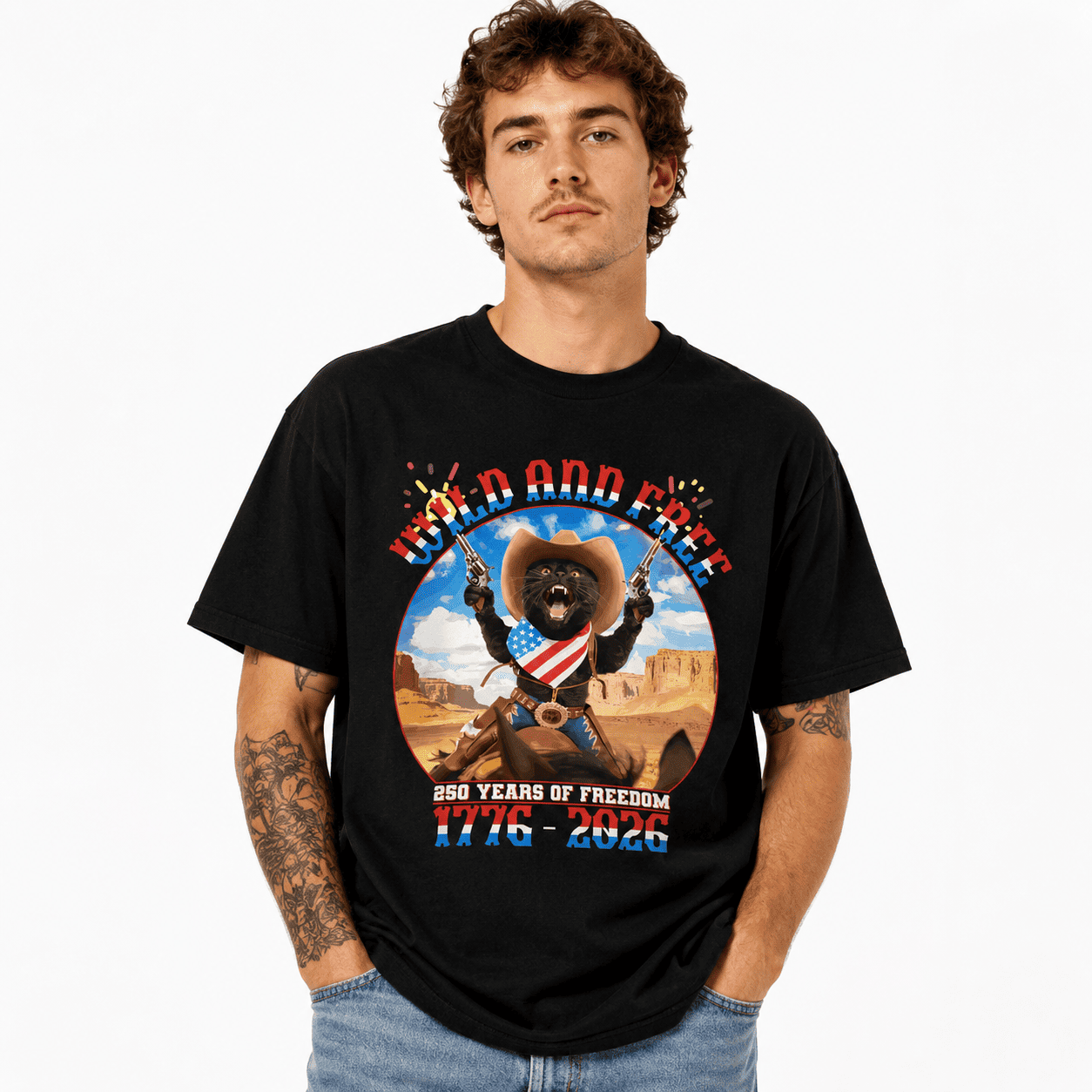 Patriotic Black Cat USA 250th Anniversary 1776-2026 Freedom Men's T-Shirt