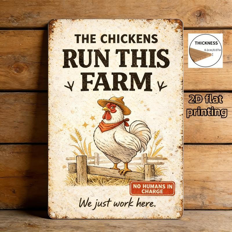 "Chickens Run This Farm" Metal Sign - Funny Farmhouse Tin Wall Decor Plaque