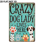 Funny Crazy Dog Lady Lives Here Metal Tin Sign Retro Teal Puppy Paw Wall Plaque