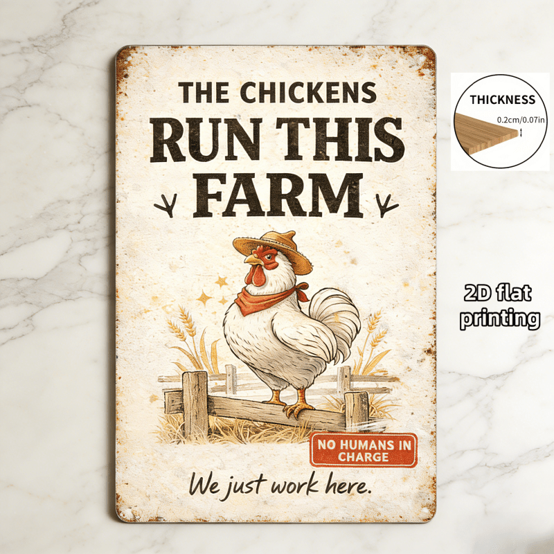 "Chickens Run This Farm" Metal Sign - Funny Farmhouse Tin Wall Decor Plaque