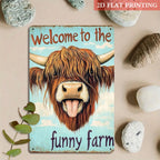 "Welcome to the Funny Farm" Metal Sign - Highland Cow Tin Wall Art Decor