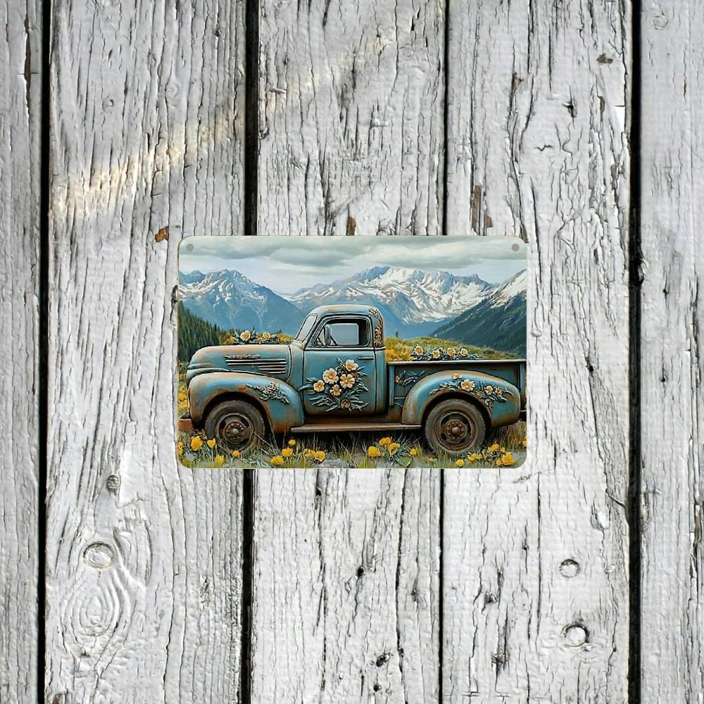 Rustic Farm Truck Metal Sign Retro Floral Pickup Mountain Landscape Wall Decor