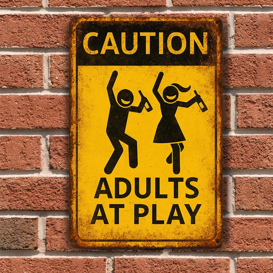 Caution Adults At Play Tin Sign Vintage Metal Funny Drinking Wall Decor Bar Gift