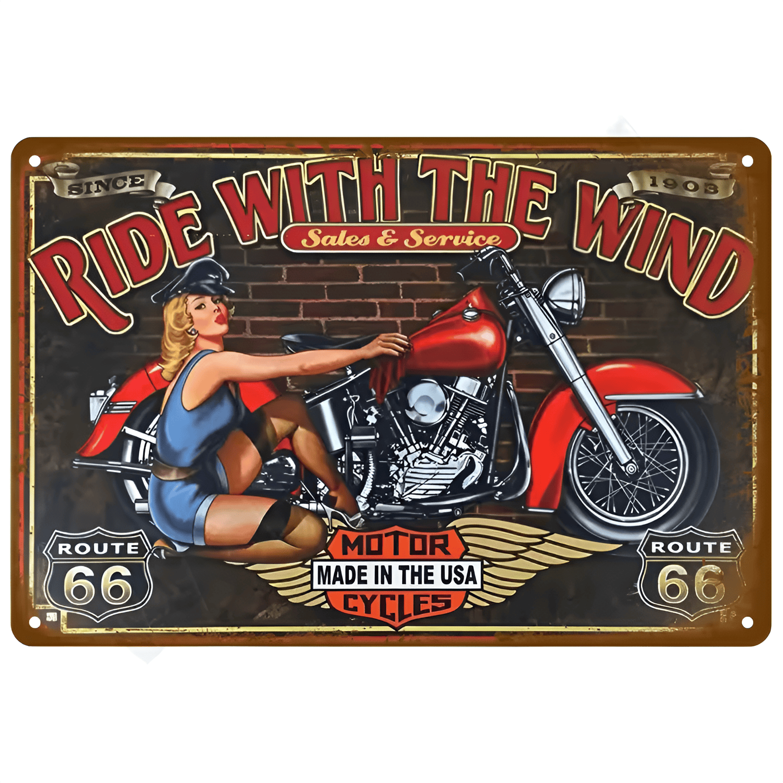 Route 66 Motorcycle Tin Sign - Vintage Pin Up Girl Biker Garage Wall Decor