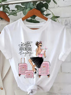 Women Adventure Begins Travel Graphic T-Shirt Suitcase Print Casual Tee
