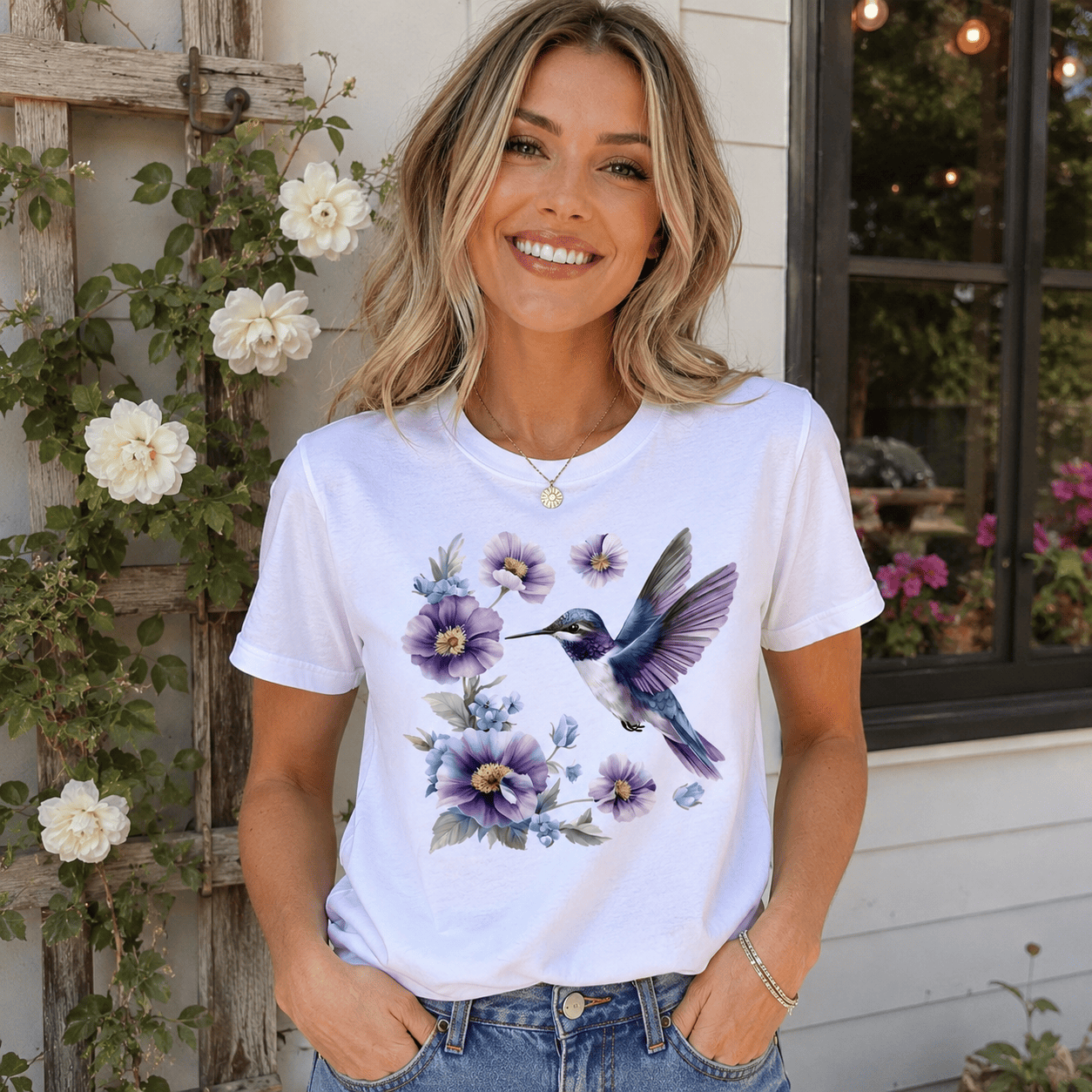 Hummingbird Floral Graphic Women’s T-Shirt Purple Flower Bird Nature Casual Tee