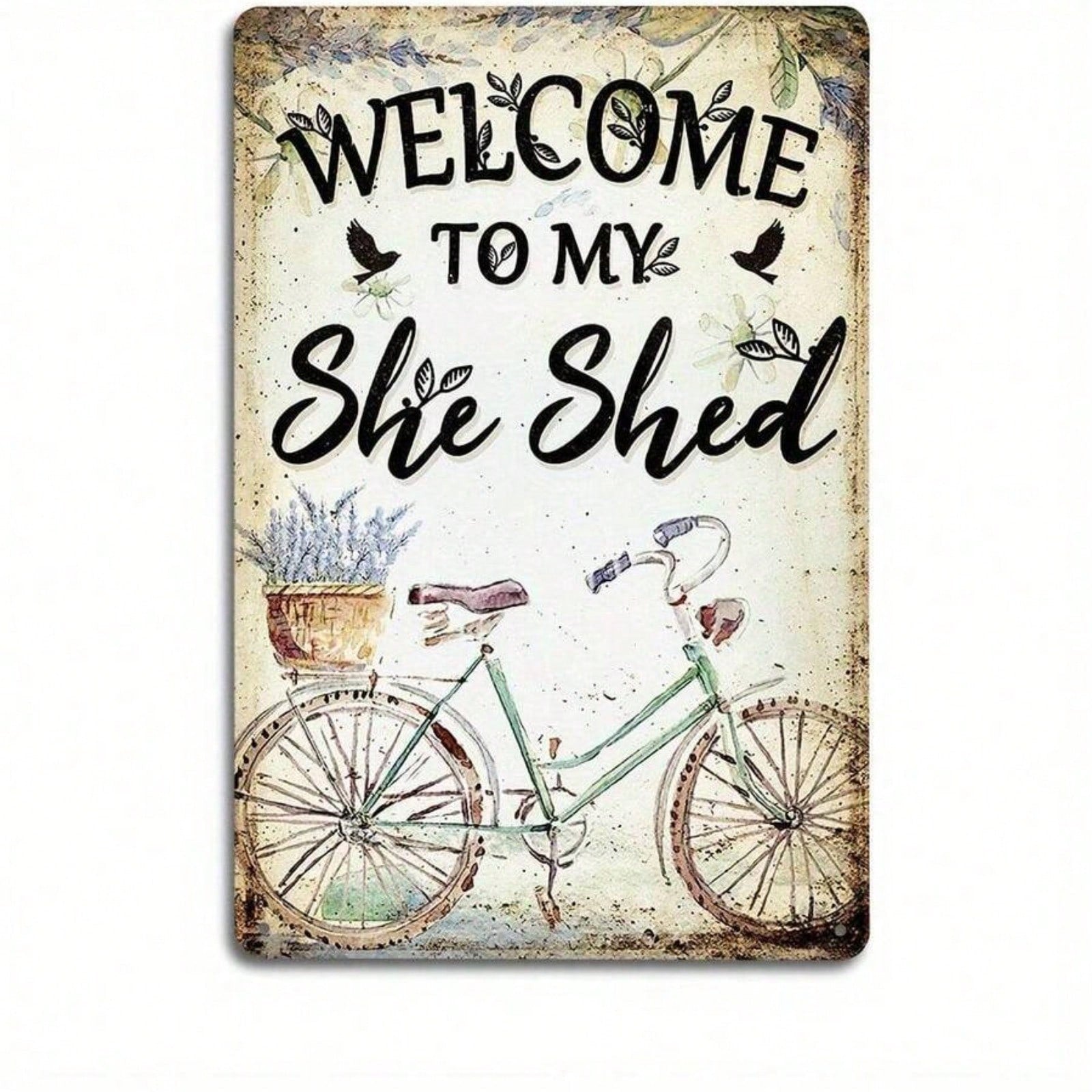 Welcome to My She Shed Metal Tin Sign - Vintage Bicycle Floral Garden Wall Decor