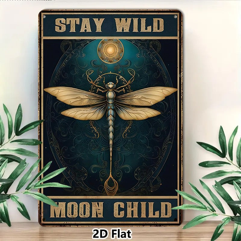 Stay Wild Moon Child Metal Sign - Artistic Dragonfly Tin Wall Decor Plaque