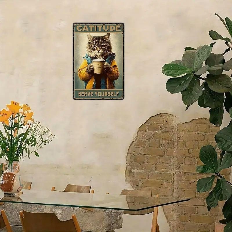 Funny Cat Metal Sign - "Catitude" Coffee Lover Tin Wall Decor Plaque