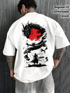 Japanese Dragon Samurai Graphic T-Shirt Red Sun Warrior Streetwear Tee