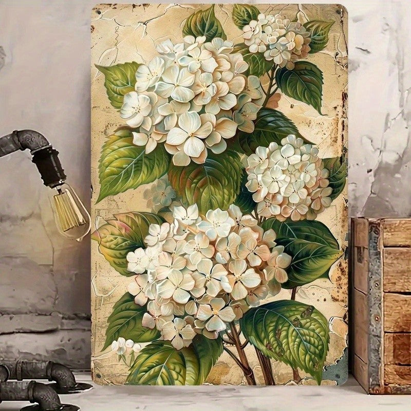 White Hydrangea Metal Sign - Vintage Botanical Tin Wall Art Decor Plaque