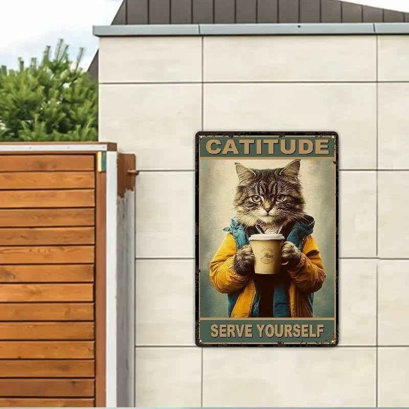 Funny Cat Metal Sign - "Catitude" Coffee Lover Tin Wall Decor Plaque