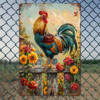 Rooster Metal Sign - Floral Farmhouse Tin Wall Art Country Decor Plaque