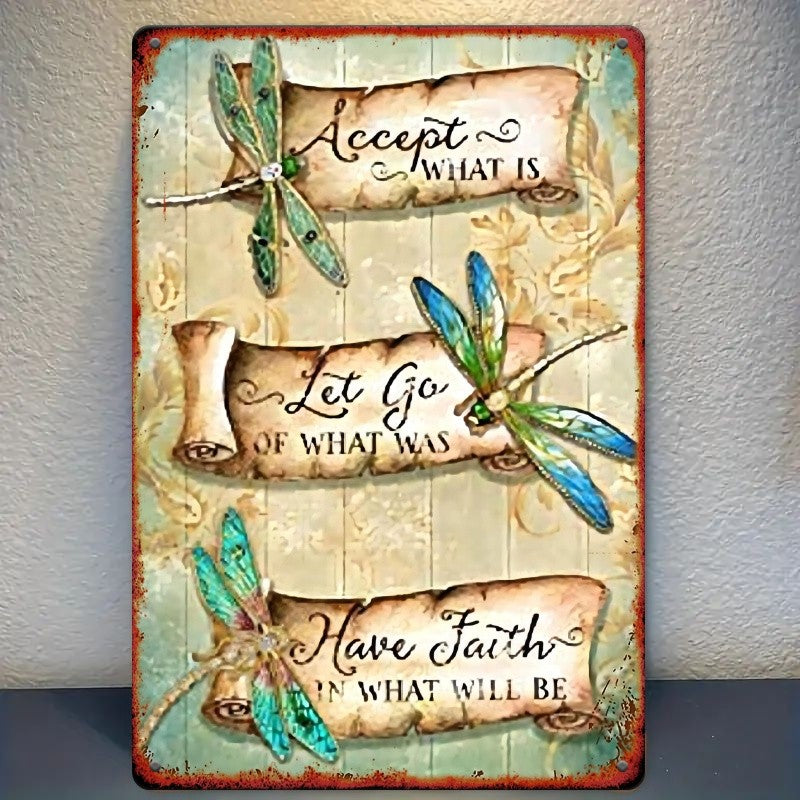 Vintage Dragonfly Inspirational Metal Sign - Accept Let Go Faith Tin Decor