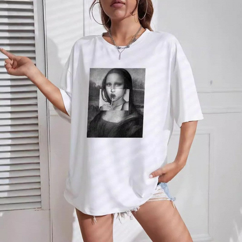 Mona Lisa Bubble Gum Graphic T-Shirt Funny Art Parody Casual Oversized Tee