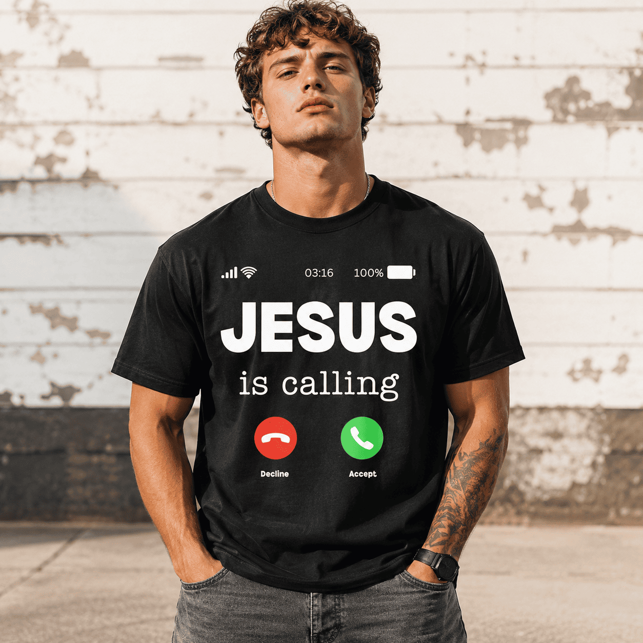 Jesus Is Calling Christian Faith Graphic Men’s T-Shirt Religious Prayer Tee