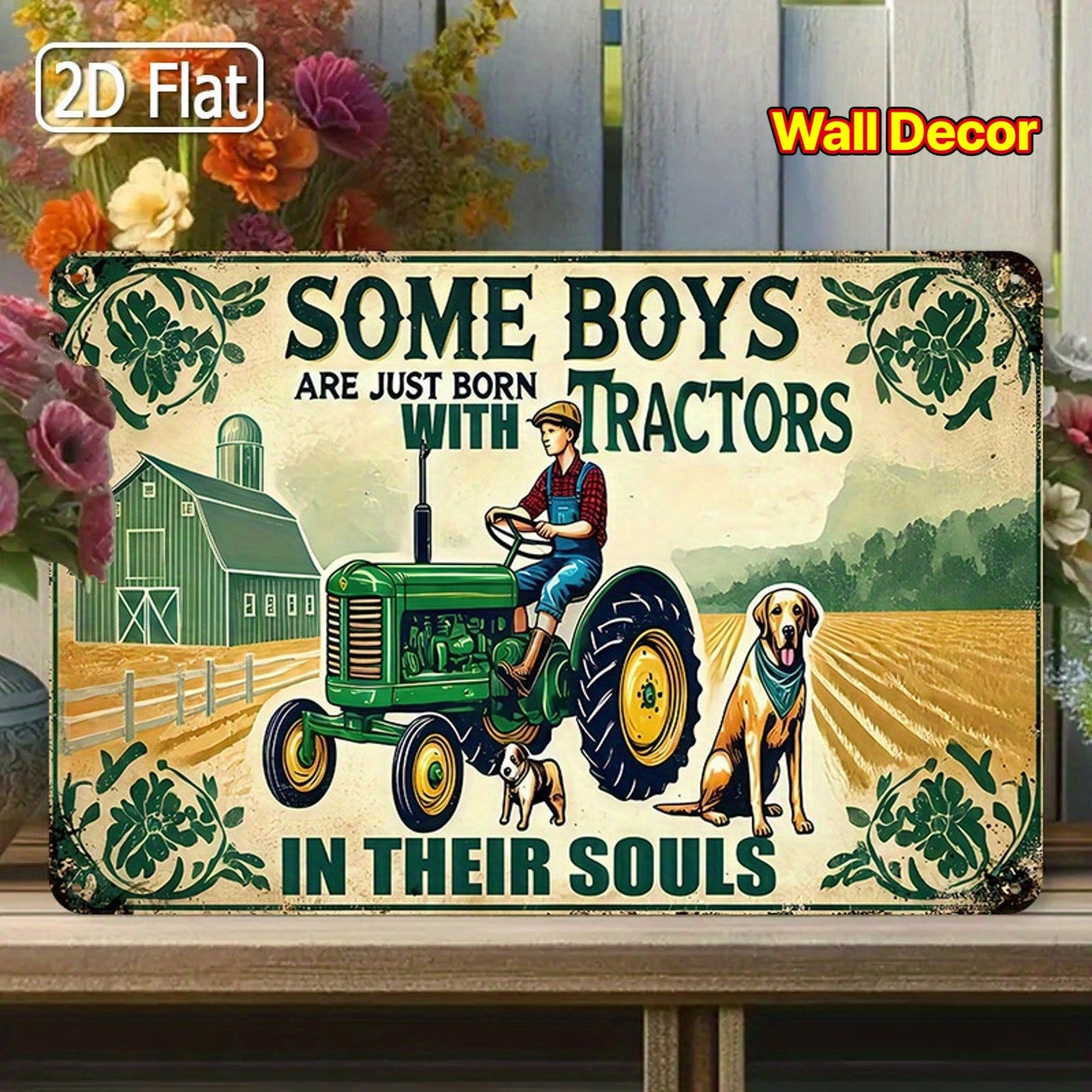 Vintage Born With Tractors Metal Sign - Retro Farmhouse Boy Room Wall Decor