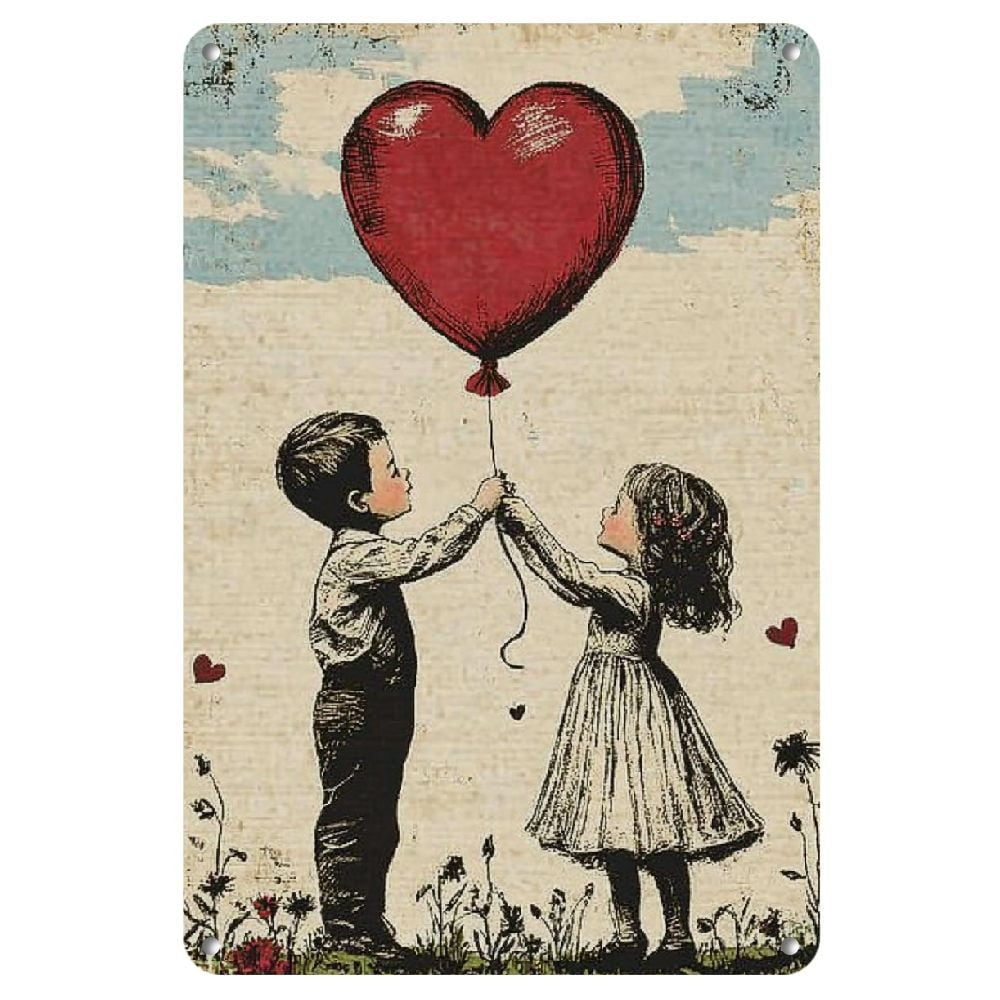Retro Boy Girl Heart Balloon Metal Sign Vintage Love Sweetheart Kitchen Decor