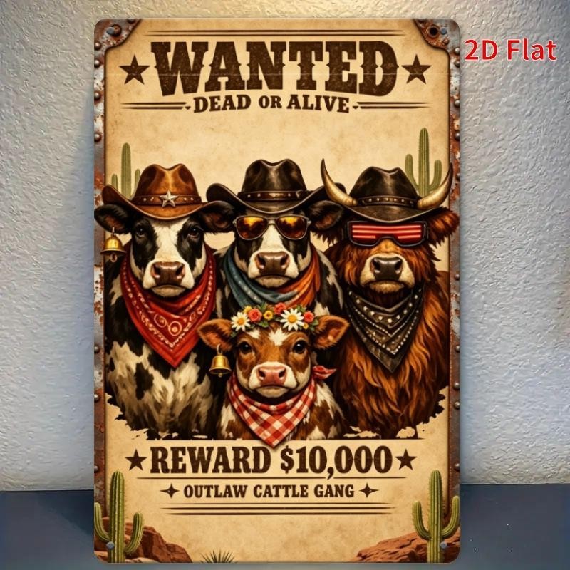 Funny Cow Wanted Dead Or Alive Metal Sign - Retro Outlaw Cattle Gang Tin Decor