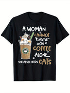 Women Funny Cat Coffee Lover Graphic T-Shirt Cute Kitty Casual Crew Neck Tee