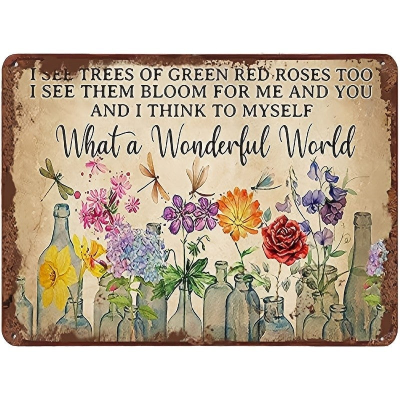 Metal Wall Sign "What a Beautiful World" with Green Rose Tree and Dragonfly