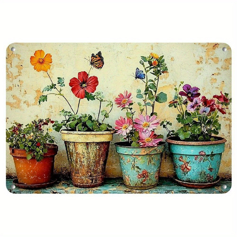 Rustic Potted Flowers Metal Sign - Retro Cottagecore Garden Wall Decor