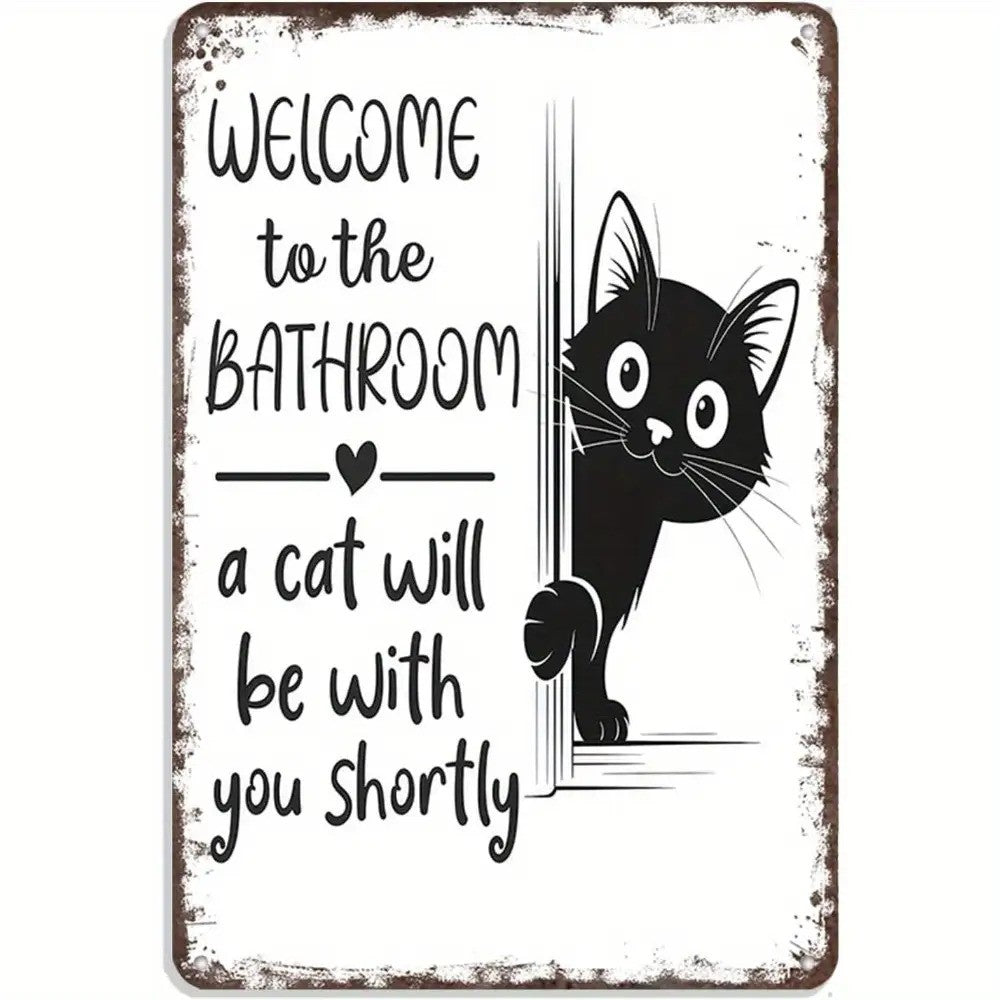 Welcome To The Bathroom Tin Sign Vintage Metal Black Cat Wall Decor Funny Gift