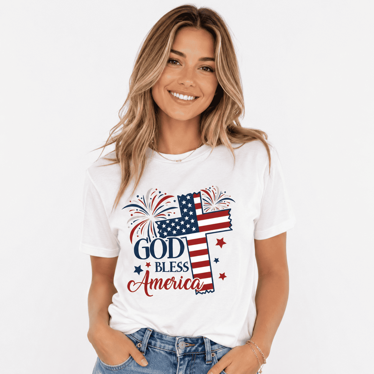 God Bless America Patriotic Cross Graphic Tee - Patriotic Fireworks T-Shirt