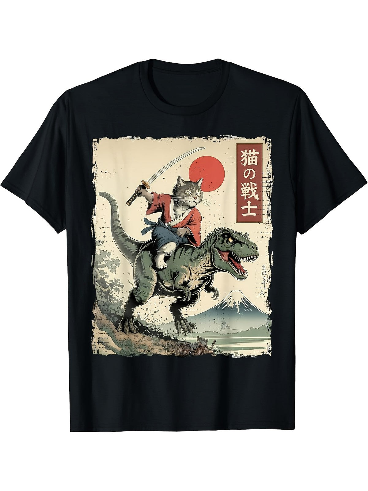 Funny Samurai Cat Riding T-Rex Ukiyo-E Style Graphic T-Shirt Streetwear Tee