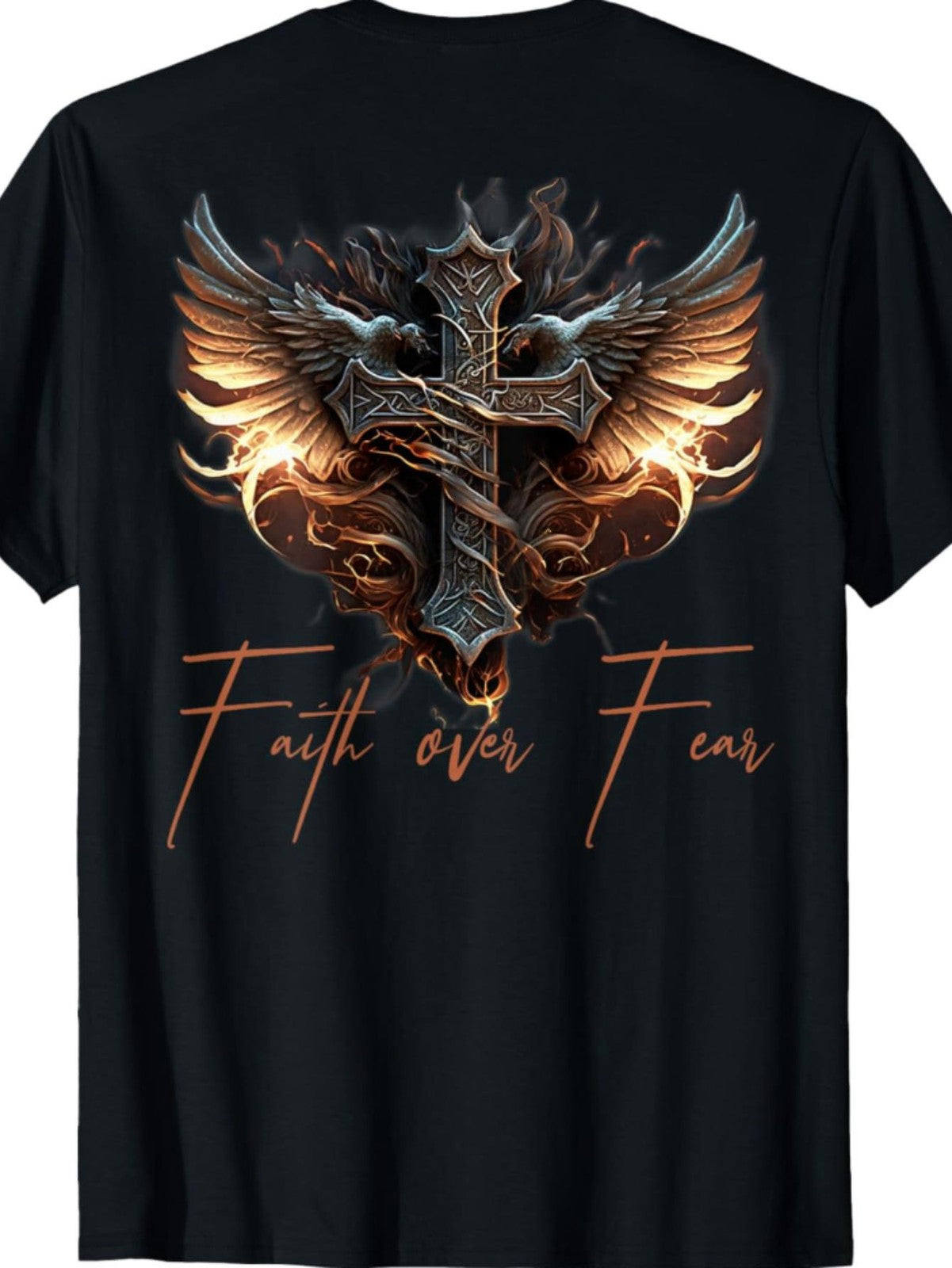 Faith Over Fear Cross T-Shirt | Gothic Winged Celtic Cross Graphic Tee