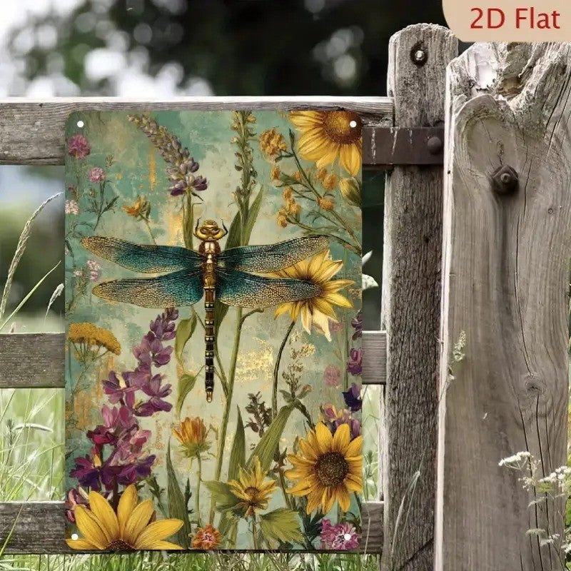 Cottagecore Dragonfly Tin Sign - Antique Teal Floral Garden Insect Art Poster