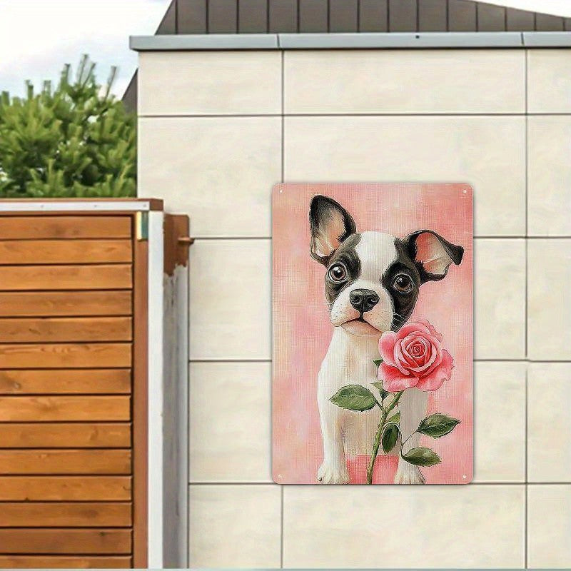 Cute Boston Terrier Metal Sign - Retro French Bulldog Pink Rose Tin Decor