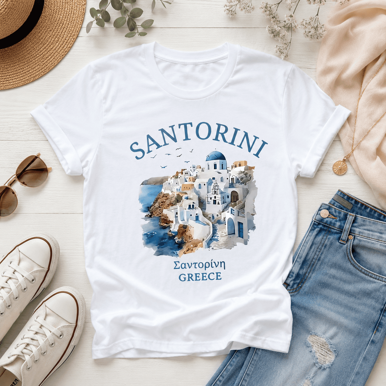 Santorini Greece Watercolor Tee - Blue Dome Village Scenic Travel Gift