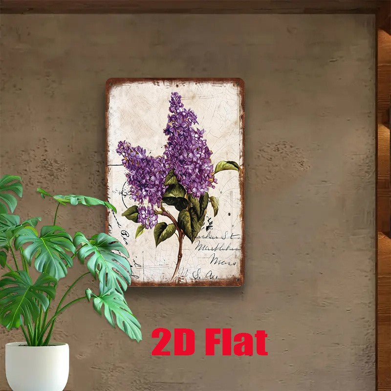 Rustic Floral Tin Sign - Purple Lilac Flower Metal Poster Wall Art Decor